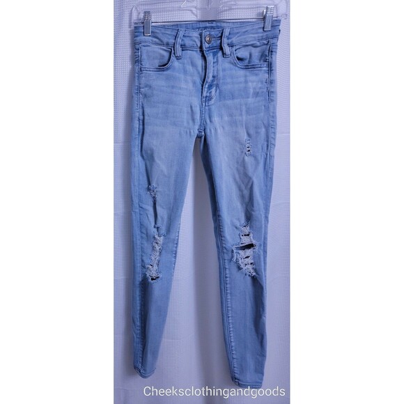 American Eagle Hi-Rise Jegging Distressed Light Wash Jeans size 2 Regular - Picture 1 of 7